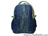 The image is of a blue backpack with a green circuit board design on the front. The backpack has a large main compartment wit...