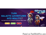 The image is a banner for a game called "Space Seek". The banner has a purple background with the title "Turn Galactic Advent...