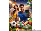 The image shows a young couple celebrating their victory in a sports betting event. The man is holding up a smartphone with t...