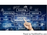The image is a digital marketing concept. It has a dark blue background with various icons and text scattered around. The ico...