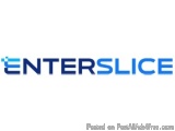 The image is a logo for a company called "ENTERSLICE". The logo is written in blue text on a white background. The text reads...