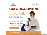 The image is an advertisement for an CMA USA Online Course. The background is white and the text is in orange and black. On t...