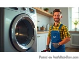 The image shows a young man standing in front of a washing machine in a laundry room. He is wearing a blue dungaree and a yel...