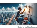 The image shows a man working on a rooftop with a security camera mounted on the wall. He is wearing a blue t-shirt, blue jea...