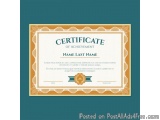 The image is a certificate of achievement template. It has a rectangular frame with a light blue background and a gold border...