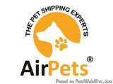 The image is a logo for AirPets, a pet shipping company. The logo is circular in shape and has an orange background. In the c...