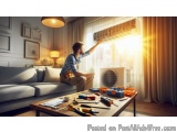 The image shows a young man sitting on a couch in a living room, working on an air conditioning unit. He is holding the unit...