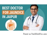 The image is an advertisement for a doctor named Jaundice in Jaipur, India. It features a young man wearing a white coat and...