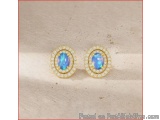The image shows a pair of earrings. The earrings are circular in shape and have a gold setting. In the center of each earring...