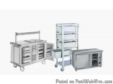 The image shows three different types of medical equipment. On the left side, there is a large stainless steel trolley with m...