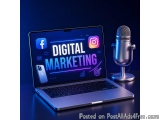 The image shows a laptop with the words "Digital Marketing" on the screen. The laptop is placed on a dark blue background wit...