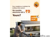 The image is an advertisement for Har Ghar Solar, an Indian solar company. It features a man standing on a balcony overlookin...