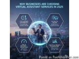 The image is an infographic that explains why businesses are choosing virtual assistant services in 2025. It has a blue backg...