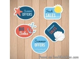 The image shows a set of six circular stickers with different designs on a wooden background. Each sticker has a different co...