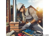 In this image, we can see a young man wearing a white hard hat and overalls, working on a chimney. He is sitting on a wooden...