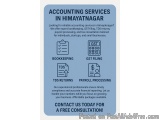 The image is an advertisement for accounting services in Himayatnagar, India. It has a blue background with white text and ic...