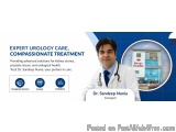 The image is an advertisement for an expert Urology care, compassionate treatment company. The background of the image is blu...