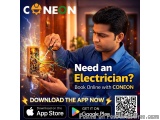 The image is an advertisement for an electrician book online with CONEON. It features a young man working on an electrical pa...