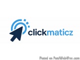 The image is a logo for a website called Clickmaticz. The logo is a simple design with a blue color scheme. The word "clickma...