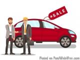The image shows two men shaking hands in front of a red car with a red sale tag attached to it. The car appears to be a new m...