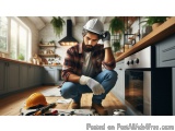 The image shows a young man wearing a white hard hat and a plaid shirt, kneeling on the floor in a kitchen. He is holding a p...
