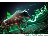 The image is a digital illustration of a bull on a dark background. The bull is in the center of the image, with its body fac...