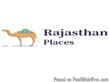 The image is a logo for Rajasthan Places. It features a camel with a blue and orange saddle on its back. The camel is standin...