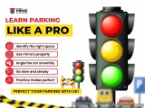 The image is an advertisement for a parking system called "Learn Parking Like a Pro". It features a traffic light with three...