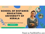 The image is an advertisement for a school of distance education in Kerala, India. The background of the image is a light blu...