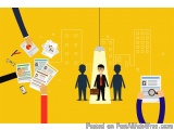 The image is an illustration of a group of people in a cityscape. The background is yellow and there are buildings in the bac...