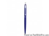 The image is of a blue ballpoint pen with a silver tip. The pen has a sleek and modern design with a curved body and a pointe...