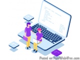The image is an isometric illustration of two people, a man and a woman, standing in front of a large laptop. The laptop is o...