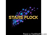 The image is a logo for a company called "Stars Flock". The logo is written in a bold, yellow font with the word "STARS FLOCK...