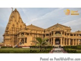 The image shows a large, ornate temple complex in Pune, India. The temple is made of stone and has multiple levels with intri...