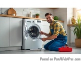 In this image, we can see a man kneeling on the floor in front of a washing machine in a kitchen. He is wearing a yellow and...