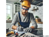 In this image, we can see a man wearing a yellow hard hat and blue overalls, working in a kitchen. He is holding a pencil and...