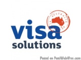The image is a logo for Visa Solutions, a company that provides visa solutions to Australia. The logo is written in blue and...