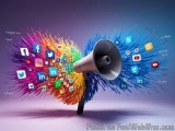 The image is a digital illustration of a megaphone with colorful social media icons coming out of it. The background is a gra...