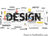 The image is a word cloud with the word "DESIGN" in the center. Surrounding the word cloud are various elements related to de...