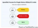 The image is a flowchart that shows the Apostille Process for Single Status Affidavit in India. It consists of three stages o...