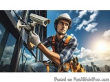 The image shows a man wearing a hard hat and safety harness, holding a security camera. He is standing on a high-rise buildin...