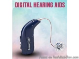The image shows a blue hearing aid with the brand name "berafon" written on it. The hearing aid is a digital hearing aid that...