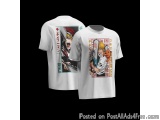 The image shows two white t-shirts with a graphic design on the front. The design features two characters from the popular an...