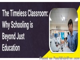 The image shows a classroom with students working on computers. The classroom has a purple background with white text that re...