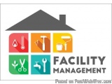 The image is a logo for a company called Facility Management. It is a square graphic with a white background and a black roof...