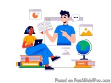 The image shows a man and a woman sitting on a pile of books and a laptop. The man is holding a book and pointing at it with...
