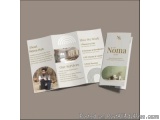 The image shows a tri-fold brochure or flyer for a company called Noma. The brochure is divided into three sections, each wit...