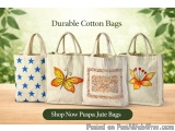 The image shows three durable cotton bags with different designs on them. The bags are made of a light-colored fabric and hav...