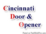 The image is a logo for Cincinnati Door & Opener. It has a white background with the word "Cincinnati" written in red and blu...