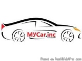 The image is a logo for a car rental company called MyCar.inc. The logo is a simple design of a car with a white body and a r...